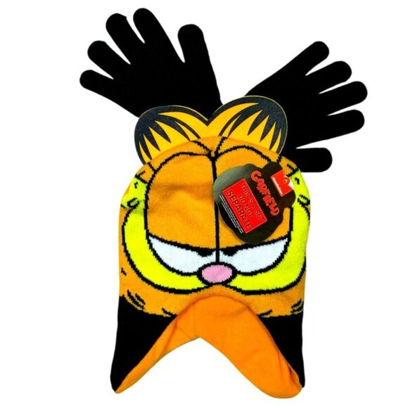 Garfield Hat Gloves Knit Set Nickelodeon Black Orange NEW Unisex Kids One Size - Picture 12 of 16